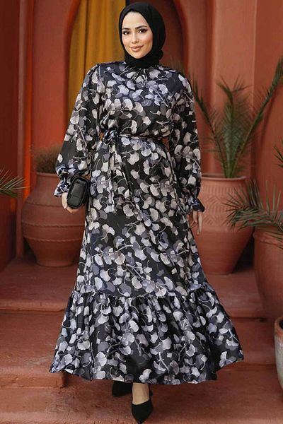 Neva Style Rochie musulmană neagră cu imprimeu floral 60901S