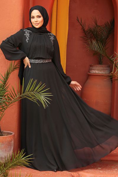 Neva Style Μαύρο Χιτζάμπ Βραδινό Φόρεμα με Drapery Detail 25879s