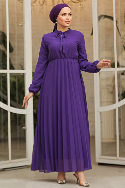Neva Style Purple Hijab Dress with Tie Collar 50351PURPLE