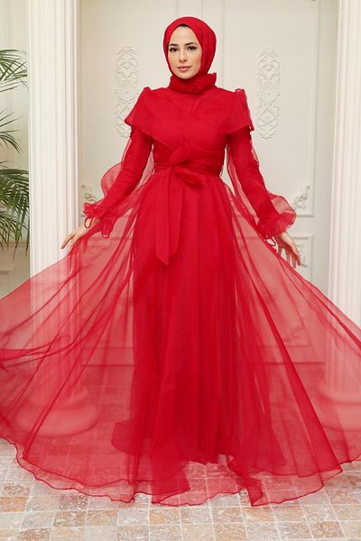 Neva Style فستان سهرة حجاب - فستان سهرة حجاب أحمر مزين بالخرز 22331k