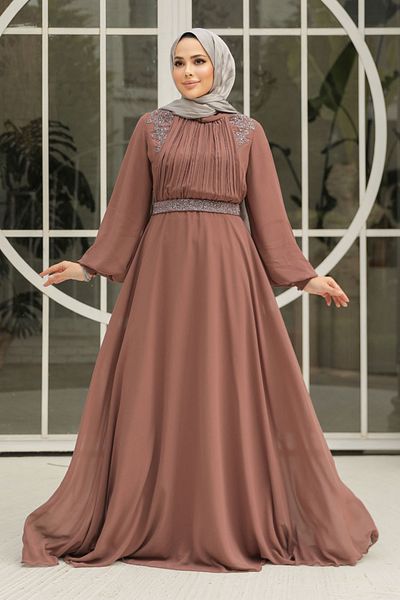 Neva Style Drape Detailed Camel Hijab Evening Dress 25879C