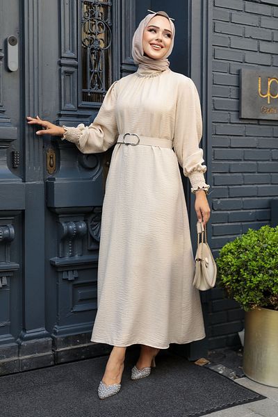 Neva Style - Rochie Hijab Bej cu Curea 661bej