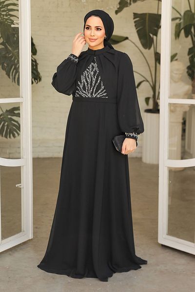 Neva Style Rochie de seară hijab neagră brodata cu margele 25886s