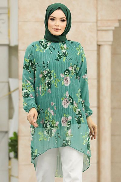 Neva Style زهرة منقوشة الحجاب الأخضر تونك 91236cy