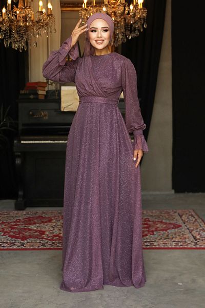 Neva Style Dark Lilac Hijab Evening Dress 22202Klıla