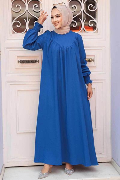 Neva Style Rochie Hijab Albastru Indigo cu Detaliu Drape 23211IM