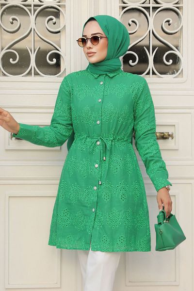 Neva Style تونيك حجاب بتفاصيل جبر أخضر - 14151Y