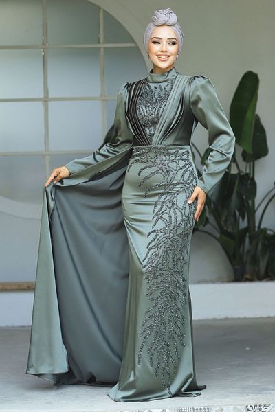 Neva Style Beaded Khaki Hijab Evening Dress 23122Hk
