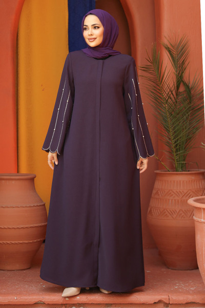 Neva Style Kolları İşlemeli Mürdüm Tesettür Abaya 2634MU