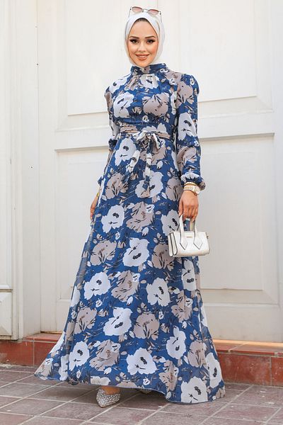Neva Style Φόρεμα Hijab με μοτίβο λουλουδιών Indigo Blue 27939ım