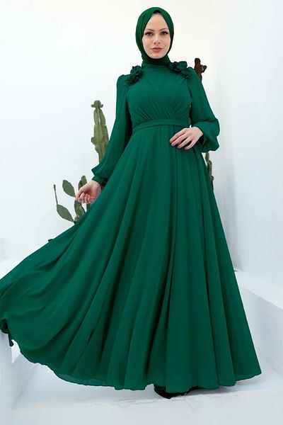 Neva Style Flower Detailed Green Hijab Evening Dress 22232Y