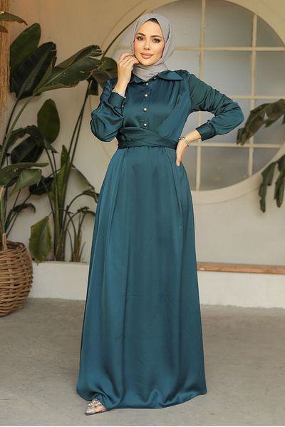Neva Style Emerald Green Satin Hijab Dress - Button Detail, 45661ZY
