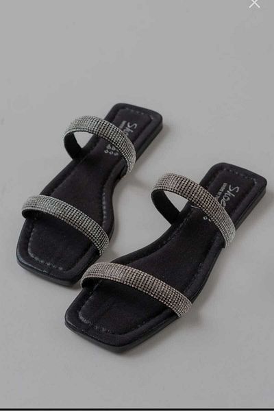 PLN SHOES Comfortable Sole Women's Black Orthopedic Sole 5mm. Two Stones Evening Dress Slippers with Sponge