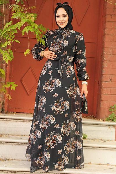 Neva Style - Rochie Hijab Neagră cu Motiv Floral 279082 s