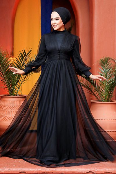 Neva Style Βραδινό φόρεμα με κουμπιά μαύρο Hijab 5478s