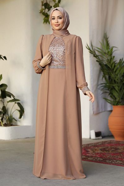 Neva Style فستان سهرة حجاب كيب بسكويت - 25876BS