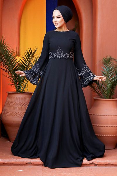 Neva Style Βραδινό φόρεμα με χάντρες μαύρο Hijab 9181s