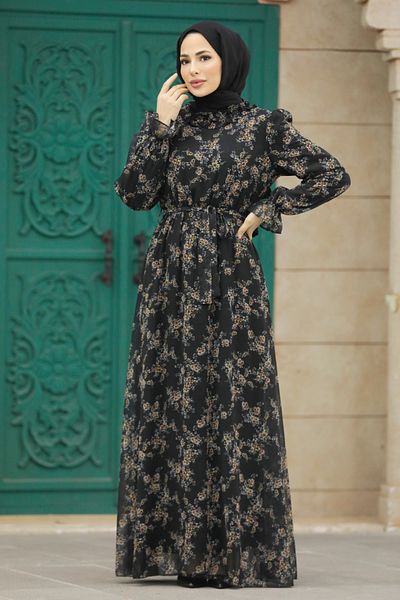 Neva Style - Rochie neagră cu hijab cu modele florale 29712s
