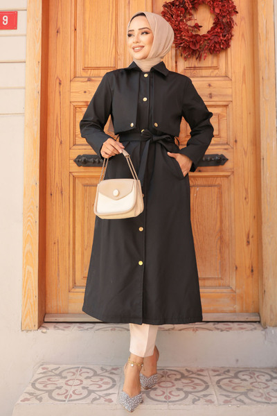 Neva Style Düğmeli Siyah Tesettür Trençkot 62131S