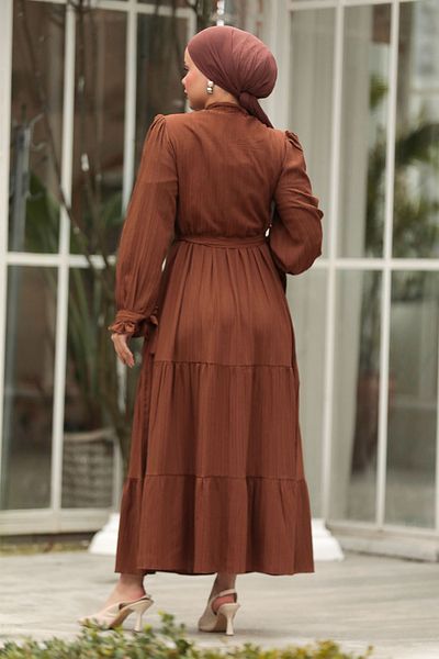 Neva Style Kat Pleated Brown Hijab Dress 617Kh