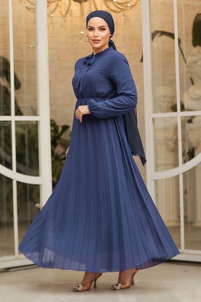 Neva Style Navy Blue Hijab Dress with Tie Collar 50351L
