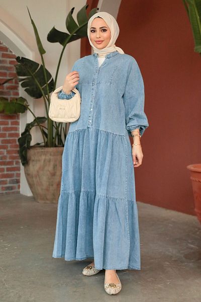 Neva Style Buttoned Blue Hijab Denim Dress 10622M