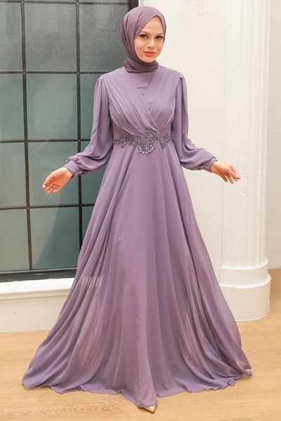 Neva Style Rochie de seară hijab liliac deschis cu detaliu din dantelă 3435alıla