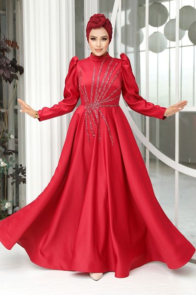 Neva Style Rochie de seara cu hijab - Rochie de seara hijab din satin burgundy brodata cu margele 2265br