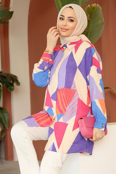 Neva Style Tunica Hijab Liliac cu Motiv 11682LILA