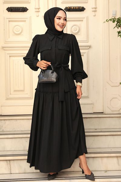 Neva Style Rochie Hijab Neagra - Curea, Model 12502S