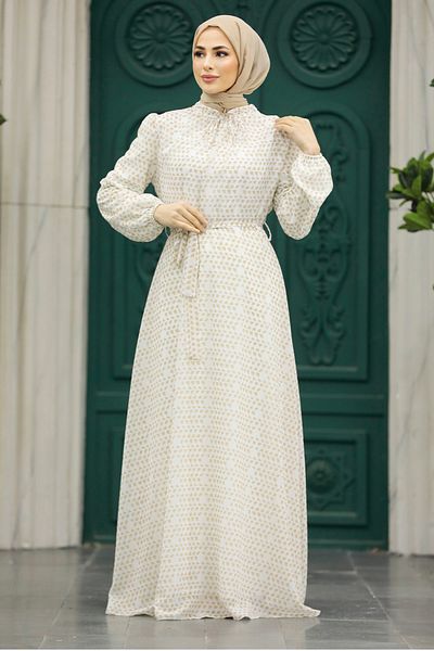 Neva Style Patterned Beige Hijab Dress 279084 Beige