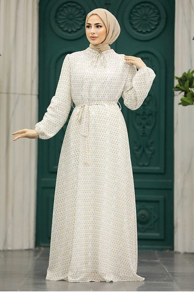 Neva Style Patterned Beige Hijab Dress 279084 Beige