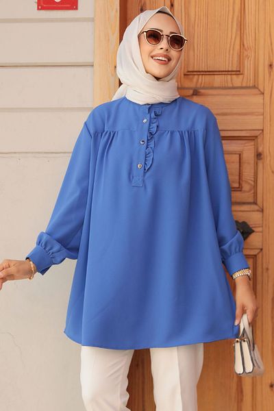 Neva Style تونيك حجاب أزرق نيلي بأزرار - 19026IM