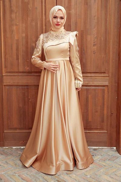 Neva Style Rochie de seara cu hijab - Rochie de seara hijab aurie brodata cu margele 22351aur
