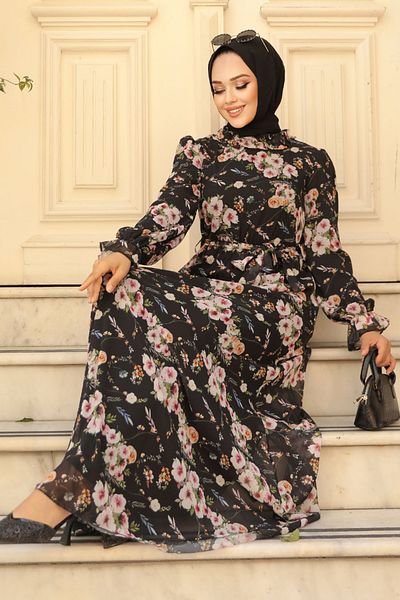 Neva Style Rochie neagră cu hijab cu modele florale 29711s
