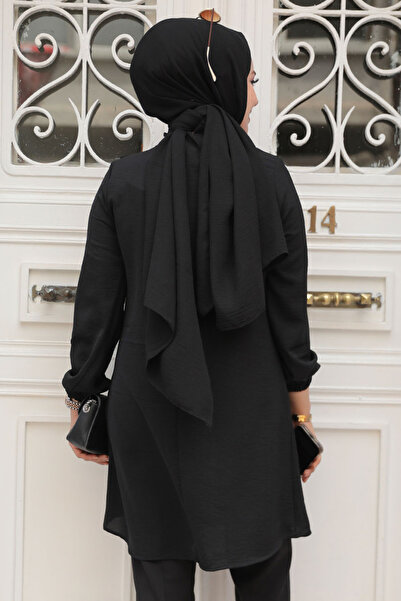 Neva Style Μαύρο Hijab Tunic με βολάν λεπτομέρεια 6682S