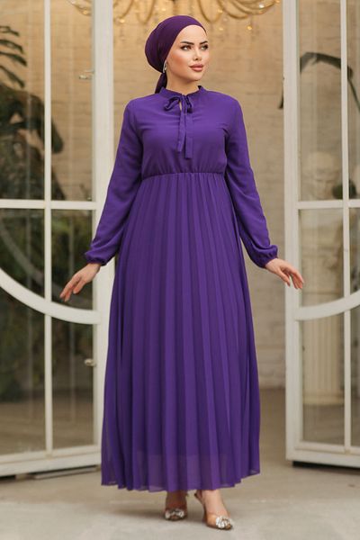 Neva Style Rochie Hijab Mov cu Guler Legat 50351MOV