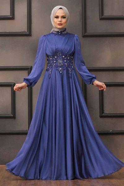 Neva Style Lacy Indigo Blue Hijab Evening Dress 22150ım