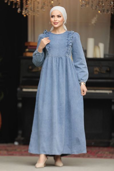 Neva Style Ruffle Detailed Denim Blue Hijab Dress 19104M
