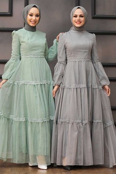 Neva Style Lace Detailed Mint Hijab Evening Dress 2335Mint
