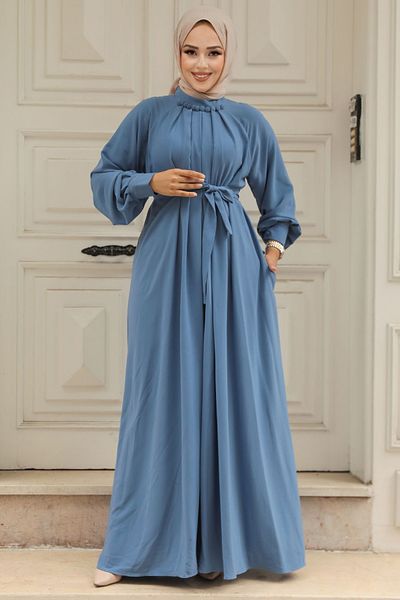 Neva Style Rochie Hijab Albastră - Cu centură, Model Nr: 330113 M