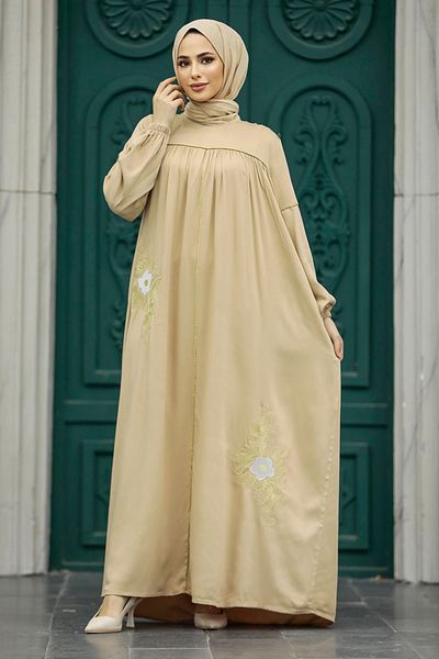 Neva Style - Rochie Hijab Bej cu Motiv 8999bej