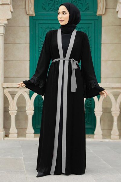 Neva Style Belted Gray Hijab Abaya 55440Gr