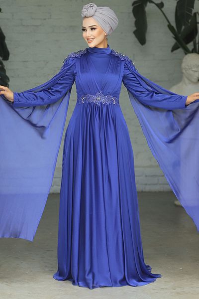 Neva Style Indigo Blue Hijab Evening Dress with Cape 22130ım