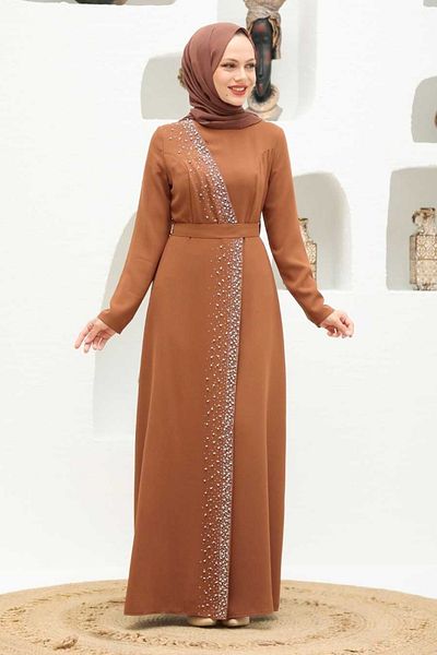 Neva Style Beaded Tan Hijab Evening Dress 32150Tb
