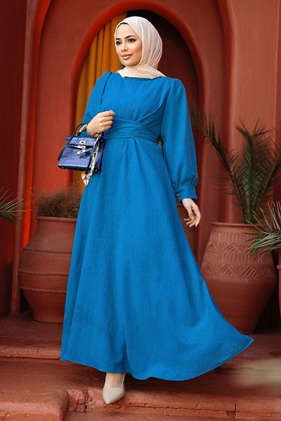 Neva Style Blue Hijab Balloon Sleeve Dress - 3034M