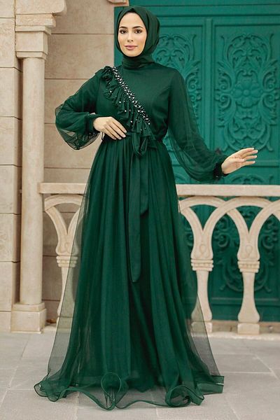 Neva Style Pearl Detailed Emerald Green Hijab Evening Dress 25841Zy
