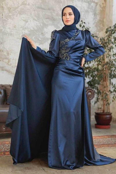 Neva Style Tailed Navy Blue Satin Hijab Evening Dress 22881L