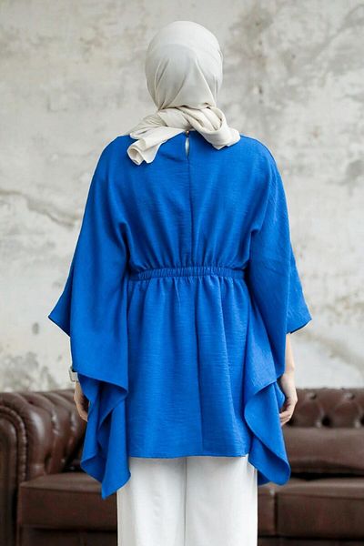 Neva Style معطف حجاب ساكس أزرق بخصر مطاطي 41259sx