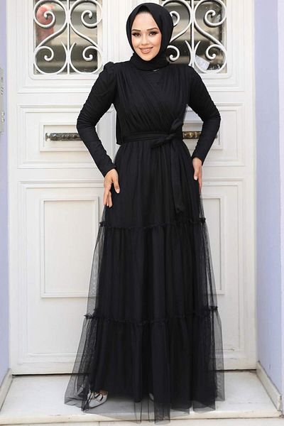 Neva Style Black Pleated Hijab Evening Dress 55621S